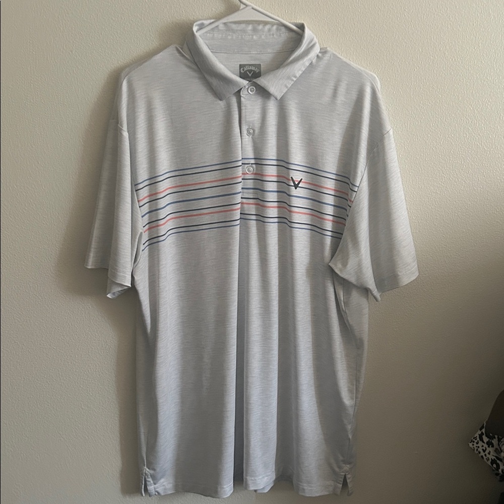 Callaway Light Gray Performance Polo Multi Chest Stripes Short Sleeve Shirt..L